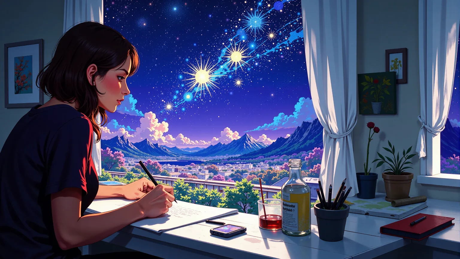 a cartoonist making a drawing beautiful landscape, bright luminous starry night, woman, very intricate, very detailed, sharp, bright, colorful, <lora:Hand v2:0.5> <lora:Anti-Blur:1><lora:Insane Detail Slider:0.25> <lora:flux.1_lora_flyway_Epic-detail_v2:0.3> <lora:fluxenhancer:0.25> <lora:ROWER:0.8> <lora:realanime:0.6>