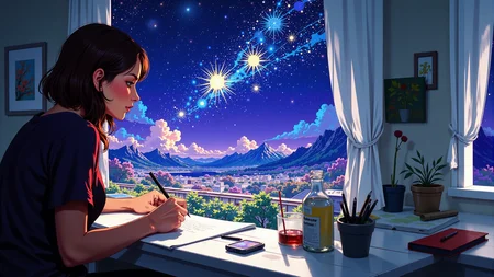 a cartoonist making a drawing beautiful landscape, bright luminous starry night, woman, very intricate, very detailed, sharp, bright, colorful, <lora:Hand v2:0.5> <lora:Anti-Blur:1><lora:Insane Detail Slider:0.25> <lora:flux.1_lora_flyway_Epic-detail_v2:0.3> <lora:fluxenhancer:0.25> <lora:ROWER:0.8> <lora:realanime:0.6>