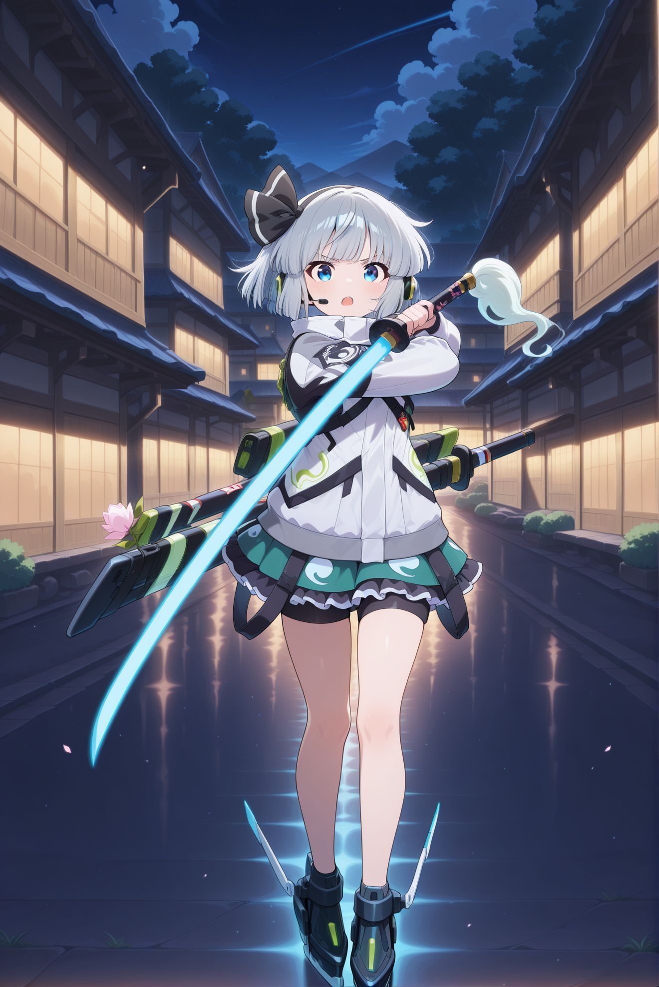 absurdres, highres, masterpiece, best quality, amazing quality, official anime artwork, screencap, anime screencap, outdoors, looking at viewer, serious, open mouth, dynamice pose, 
 <lora:Youmu-Konpaku_IllustriousV2:1> konpaku youmu, 1girl, solo, blue eyes, grey hair, short hair,, konpaku youmu \(lunar war gardener\), alternate costume, black headset, headphones, hair bow, black bow, two-tone coat, grey coat, black coat, long sleeves, green skirt, miniskirt, frilled skirt, black skirt, black shorts, sheath, mechanical shoes, black shoes, energy sword, holding sword, 
night, buildings, town, city,  sword guard stance,