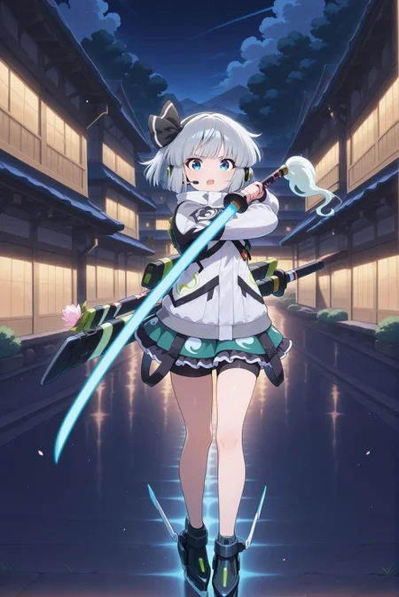 absurdres, highres, masterpiece, best quality, amazing quality, official anime artwork, screencap, anime screencap, outdoors, looking at viewer, serious, open mouth, dynamice pose, 
 <lora:Youmu-Konpaku_IllustriousV2:1> konpaku youmu, 1girl, solo, blue eyes, grey hair, short hair,, konpaku youmu \(lunar war gardener\), alternate costume, black headset, headphones, hair bow, black bow, two-tone coat, grey coat, black coat, long sleeves, green skirt, miniskirt, frilled skirt, black skirt, black shorts, sheath, mechanical shoes, black shoes, energy sword, holding sword, 
night, buildings, town, city,  sword guard stance,