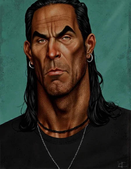 Art by Jean-Baptiste Vendamme. A digital illustration shoot from a portrait angle about a stylized portrait of a man with a serious expression, featuring exaggerated features and bold lines. the image also shows a dark-skinned man with long black hair, wearing a black t-shirt and a silver necklace. on the middle of the image, a middle-aged man appears to be looking at the viewer with a stern expression, his eyes are wide open and his mouth is slightly closed. he has a thick eyebrows, a prominent nose, and a thick beard. his hair is styled in a long hair style, and his facial features are detailed and realistic with a blend of light and dark colors. he is wearing a pair of silver hoop earrings on his ears and a black choker around his neck. the background is a solid teal color with a grungy texture, and the artist's signature is visible in the bottom right corner.