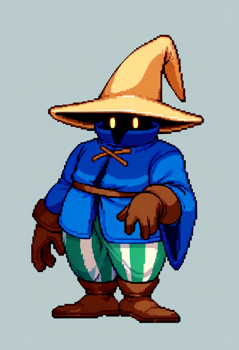 score_9, score_8_up, score_7_up, source_anime, BREAK, solo, 1boy, <lora:Ziggy-pdxl_Fp:0.8>, ziggy, yellow eyes, shaded face, faceless, no mouth, wizard hat, striped pants, blue cloak, robe, brown gloves, long sleeves, <lora:CPS2-pdxl_Fp:1>, full body, simple background, looking at viewer, pixel art,