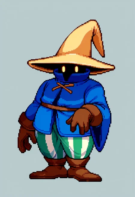 score_9, score_8_up, score_7_up, source_anime, BREAK, solo, 1boy, <lora:Ziggy-pdxl_Fp:0.8>, ziggy, yellow eyes, shaded face, faceless, no mouth, wizard hat, striped pants, blue cloak, robe, brown gloves, long sleeves, <lora:CPS2-pdxl_Fp:1>, full body, simple background, looking at viewer, pixel art,