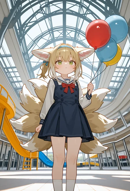 omo-socratesax, suzuran_\(arknights\), ,{{{{{blush,looking up}}}}},{{{one side up}}},flat chest,indoors,She wears a school uniform consisting of a blue pinafore dress,white shirt,white sailor collar,red bow,and white socks,slide,amusement_park,holding_balloon,full_body, panorama, ,masterpiece,best quality,newest,absurdres,highres,very awa