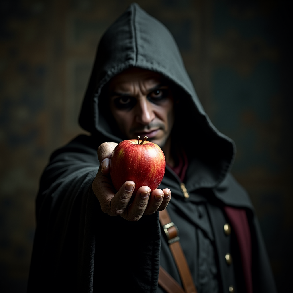 <lora:Hand v2:1>
detailed edges, detailed image, perfection style, A cinematic detailed image of a creepy wicked person in a medieval costume holding an apple up in front of camera with creepy hand, movie themed, sharp, detailed background, epic cinematic photography, artistic style, dramatic light style, cinematic color style, Kodak 35mm film style, detailed style, hand focus style, solo, looking at viewer, 1boy, holding, male focus, food, hood, fingernails, fruit, holding food, realistic, apple, old, holding fruit, portrait
