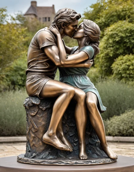 A bronze sculpture of a couple kissing and embracing, aged on top of a base, 8k hdr, RAW, hyperrealistic, extremely detailed, (intricate details)