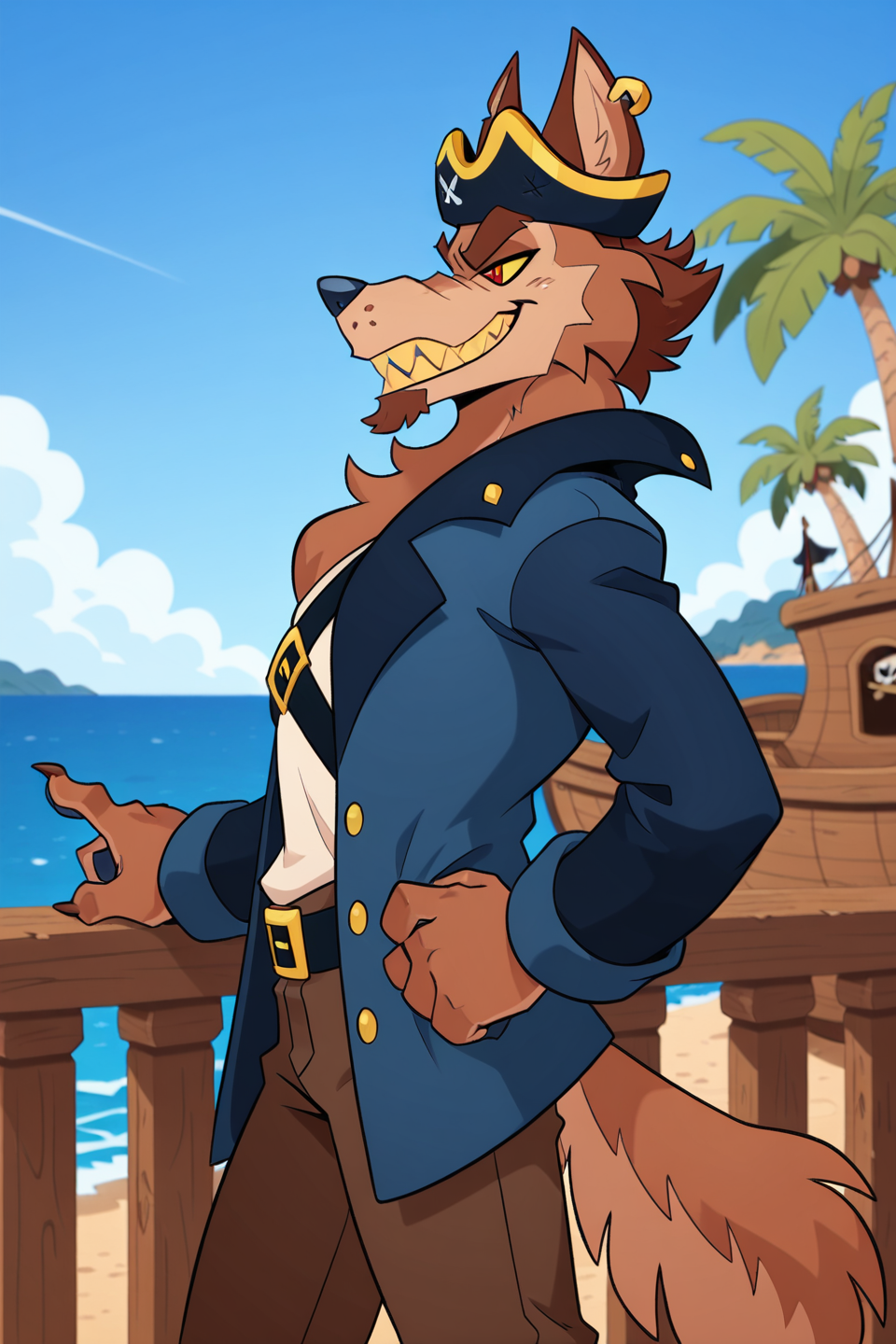 <lora:Skurv_the_Coyote:1>, masterpiece, best quality, hires, absurdres, skurvthecoyote, coyote, solo, 1boy, male focus, furry male, furry, brown fur, teeth, sharp teeth, smile,two-tone fur, animal ears, yellow sclera, red eyes, teeth, thick eyebrows, pirate hat, earring, facial hair, blue jacket, open jacket, white undershirt, ocean background, on pirate ship, palm trees, cowboy shot, from side, hand out, blue pawpads, claws, long sleeves, tail, belt, sfw, pointing