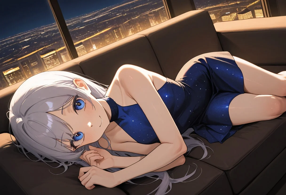 (masterwork,wallpaper, masterpiece, best quality, hyper-detailed, 8k uhd::1.4, very aesthetic, absurdres, newest),
1girl, anatomically correct, proper proportions, detailed eye,
small slim girl, disheveled silver-haired, blue eyes, blue sleeveless halter high neck long intricate dress, transparent intricate black fabric covering collarbone and upper chest,
laying on cozy sofa,
happiness, gentle gaze, gentle smile, looking at viewer,
detailed environment, night scene, windows, cityscape, city lights, professional lighting, warm ambient lighting, soft shadows, volumetric lighting, clear composition, solo focus, dynamic angle, high angle shot,