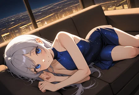 (masterwork,wallpaper, masterpiece, best quality, hyper-detailed, 8k uhd::1.4, very aesthetic, absurdres, newest),
1girl, anatomically correct, proper proportions, detailed eye,
small slim girl, disheveled silver-haired, blue eyes, blue sleeveless halter high neck long intricate dress, transparent intricate black fabric covering collarbone and upper chest,
laying on cozy sofa,
happiness, gentle gaze, gentle smile, looking at viewer,
detailed environment, night scene, windows, cityscape, city lights, professional lighting, warm ambient lighting, soft shadows, volumetric lighting, clear composition, solo focus, dynamic angle, high angle shot,