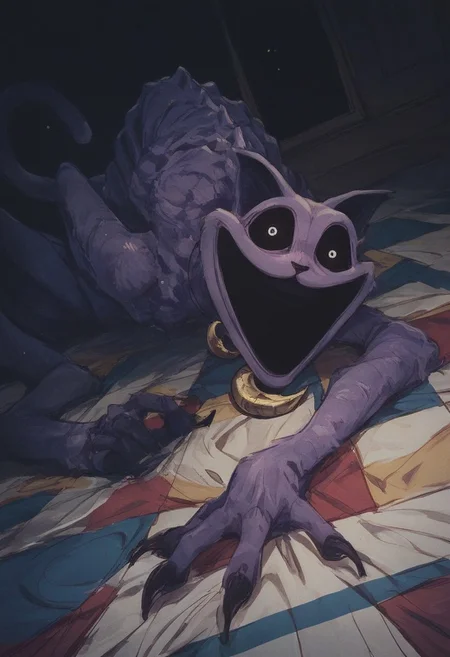 (score_9, score_8_up, score_7_up, score_6_up),
monster, horror, purple fur, body stitched together, seams, long limbs, claws, golden crescent moon medallion, skinny, bony body, lying down, dark room, plant, CatNap, small glowing white eyes, large empty sockets