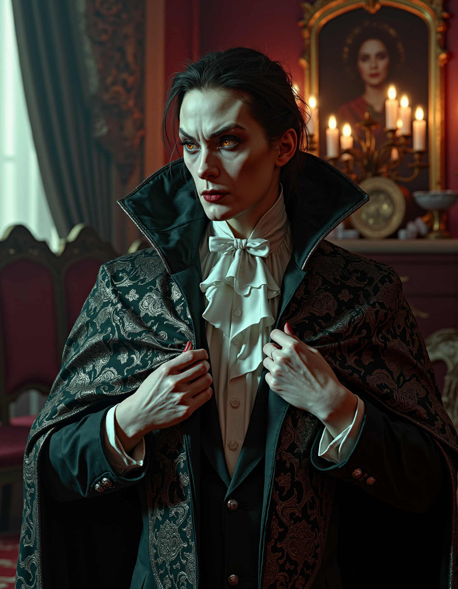 zavy-vmpr, Close-up shot from slightly below eye level, a regal vampire with porcelain skin and golden eyes, elegantly adjusting a dark brocade cloak adorned with intricate silver embroidery, surrounded by an opulent candlelit chamber filled with gothic furniture and dark velvet draperies, captured in surrealist photographic style with dramatic shadows and soft focus, utilizing a jewel-toned color palette with deep emerald greens and rich burgundies accented by flashes of metallic gold.
