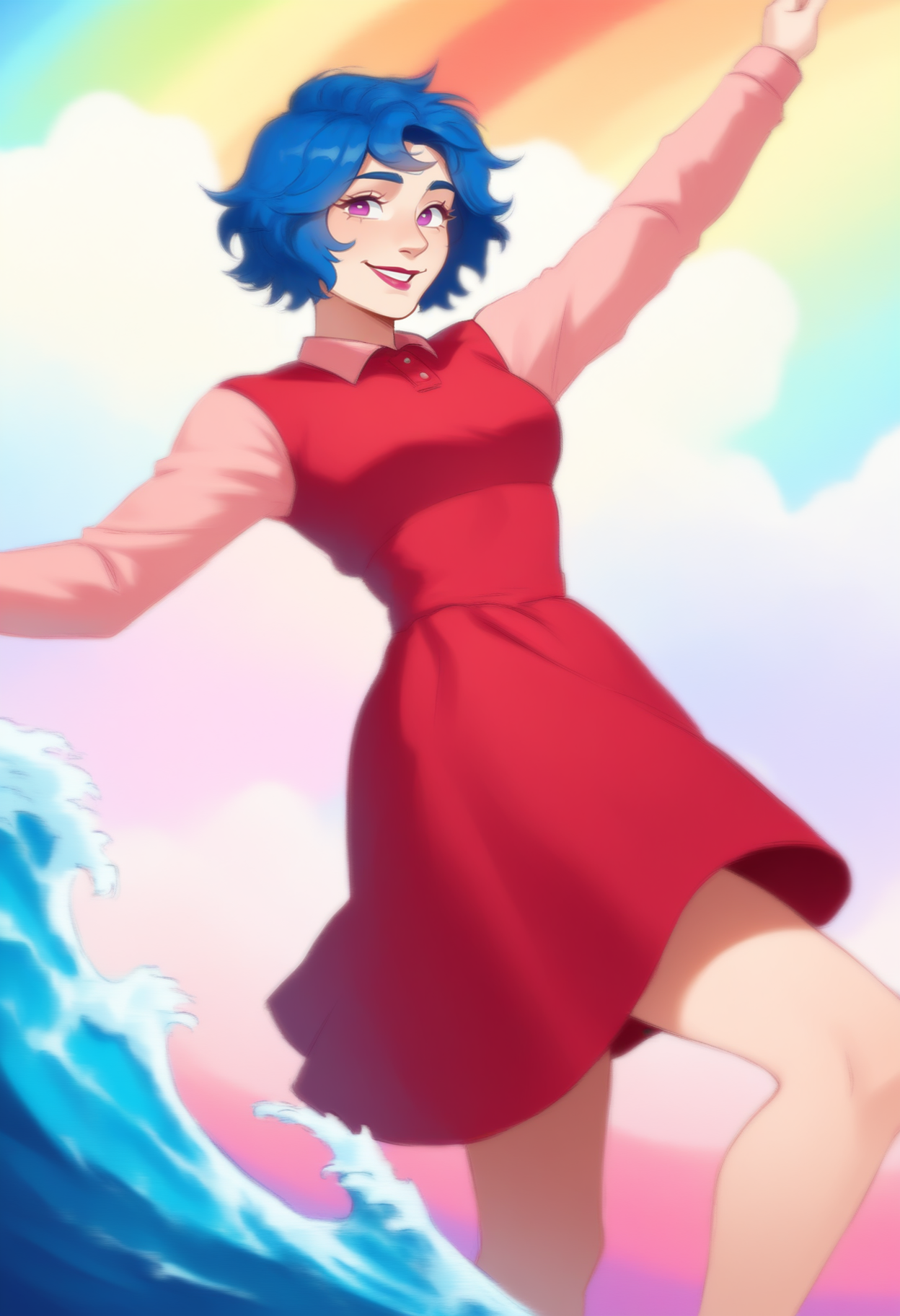 masterpiece, best quality, 1girl, solo,  <lora:NSEmilyStardew:1> NSEmilyStardew, blue hair, purple eyes, lipstick, short hair, red dress, long sleeves, pink sleeves, dancing, rainbow background, rainbow water, waves, clouds,