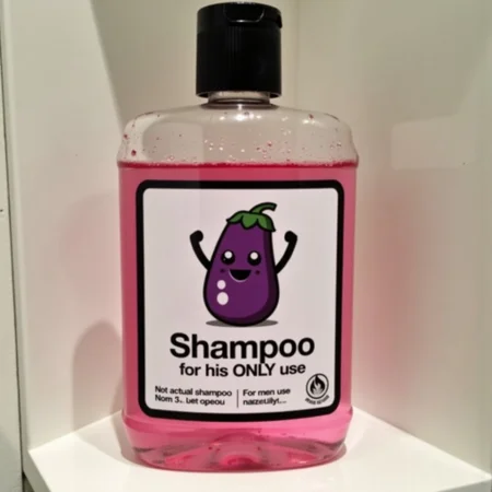 This is a picture of a shampoo bottle. It is a clear plastic bottle with a rectangular shape and a white label with black border. The label depicts a cartoon eggplant with strong hands and a smiley face. The front of the label features prominent black bold text "Shampoo". Below this, in smaller text, it reads "for his ONLY use" in black. The features are specified as "Not actual shampoo" and the text "For men use only" is printed at the bottom right corner. The bottle contains a translucent pink liquid. The bottle is sitting on bathroom shelf.