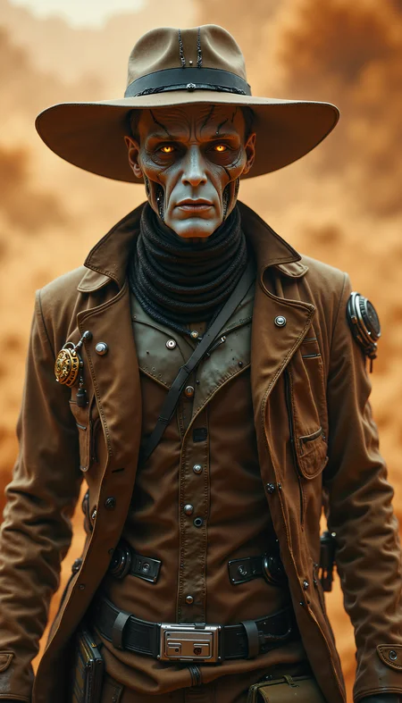 In a haze of swirling orange dust, an alien figure stands front and center, his leathery, pale-blue face partly hidden by a broad, weathered hat. Two metallic tubes connect from his cheeks to a device on his chest, hinting at a specialized breathing apparatus. His narrow, crimson eyes gleam with wary focus above a set of thin, angular lips. A heavy, worn coatâadorned with subtle rank markingsâcovers a utilitarian uniform. Grainy sand clings to every crease, conveying an unforgiving desert environment. Despite the harsh backdrop, he maintains a poised, resolute stance, exuding an aura of controlled menace rooted in both skill and secrecy.