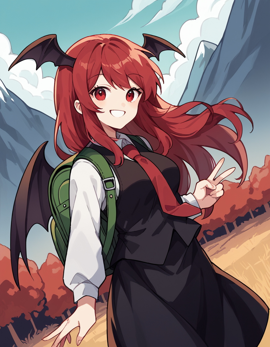 score_9, score_8_up, score_7_up, source_anime, <lora:koakuma-ponyxl-lora-nochekaiser:1>, koakuma, red eyes, red hair, long hair, sidelocks, medium breasts,, bat wings, black dress, black pantyhose, black skirt, black vest, dress, head wings, long sleeves, multiple wings, necktie, pantyhose, red necktie, shirt, skirt, vest, white shirt, wings,, mountain trail, hiking, nature, backpack, adventure, fresh air, smile, v, v over eyes,, looking at viewer, solo,, dutch angle, cowboy shot