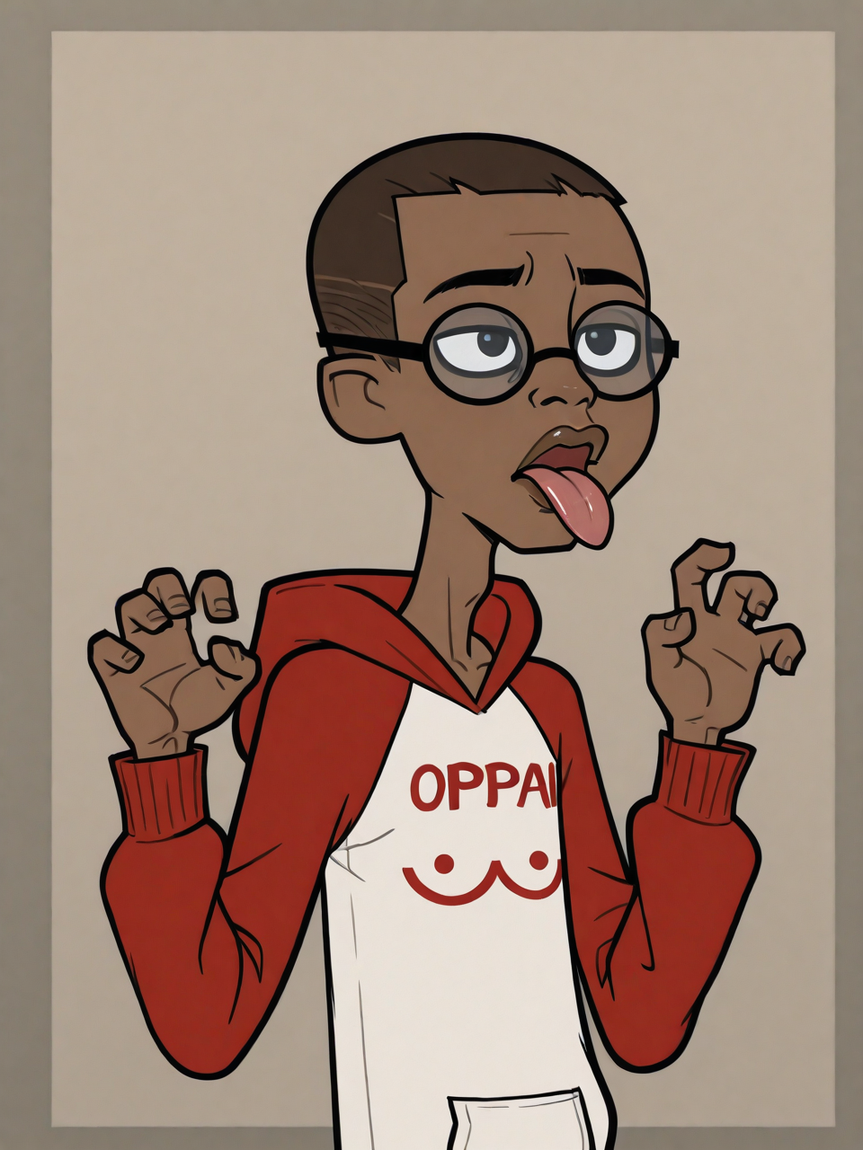CameronTDROTI, 1boy,solo, dark skinned male, slim, skinny, brown hair shaved in a crewcut, black eyes, black round frame glasses,oppai hoodie, hoodie, raglan sleeves, clothes writing, lips, big lips,claw pose,upper body,stick out tongue,<lora:Cameron:0.8>,<lora:Oppai Hoodie:1.0>