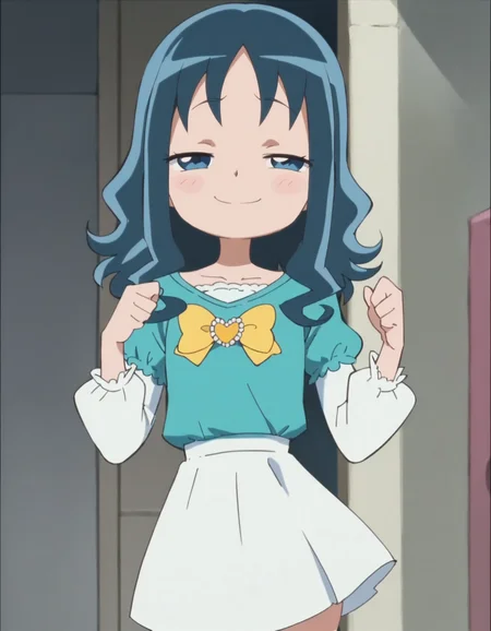 score_9, score_8_up, score_7_up, anime screencap, solo,1girl,kurumierika,heart brooch, blue shirt,white sleeves,white skirt,jewelry,smile,yellow bow,cowboy shot,small breasts,smug,blush<lora:kurumierika:0.8>