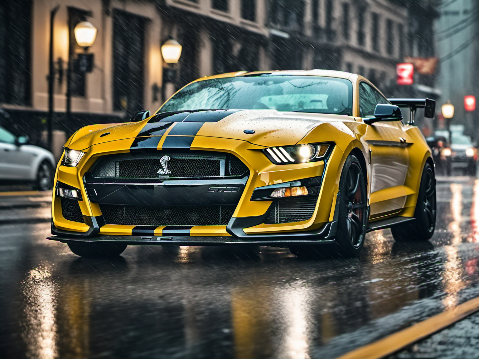 a closeup photo of mstgsgt500 car driving in the rain in the city, rainy, hdr, 8k, ultra high-res, movie picture frame<lora:mstgsgt500_car_t02_SDXL-000010:0.7>