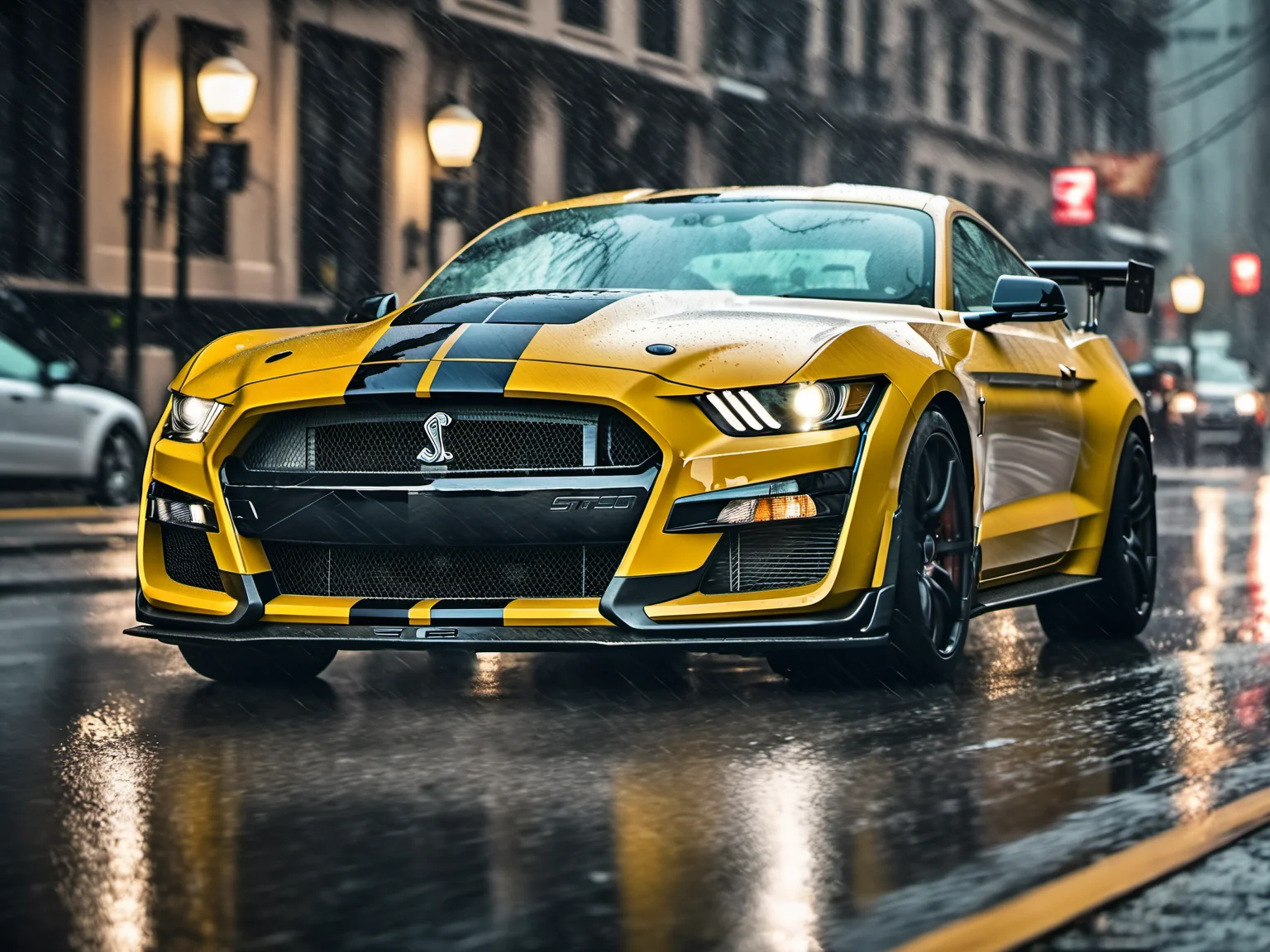 a closeup photo of mstgsgt500 car driving in the rain in the city, rainy, hdr, 8k, ultra high-res, movie picture frame<lora:mstgsgt500_car_t02_SDXL-000010:0.7>