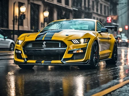 a closeup photo of mstgsgt500 car driving in the rain in the city, rainy, hdr, 8k, ultra high-res, movie picture frame<lora:mstgsgt500_car_t02_SDXL-000010:0.7>