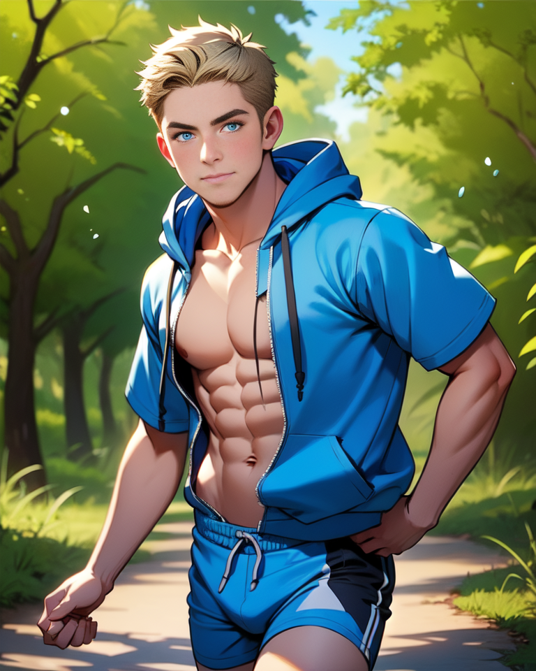 masterpiece, 1 boy,blond hair, blue eyes, caucasian, male focus,male, solo,nipples,short hair,shorts,looking at the audience,reality, detail face, dynamic cloth, focus face, dynamic pose, light skin hoodies, man underwear briefs, casual hike through the woods,