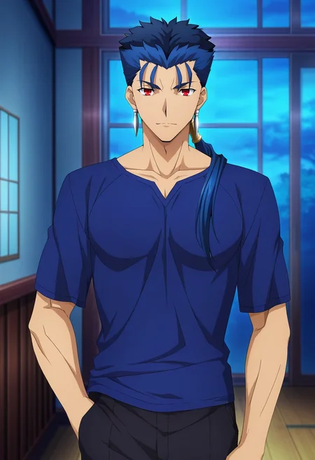 masterpiece, best quality, , anime screencap, anime coloring, official style, looking at viewer, 1boy, solo, male focus, <lora:lancer_fsn_ilxl:0.98>, lancer_fsn, cu chulainn \(fate\), fate/stay night, blue hair, red eyes, long hair, ponytail, spiked hair, earrings, jewelry, , ,