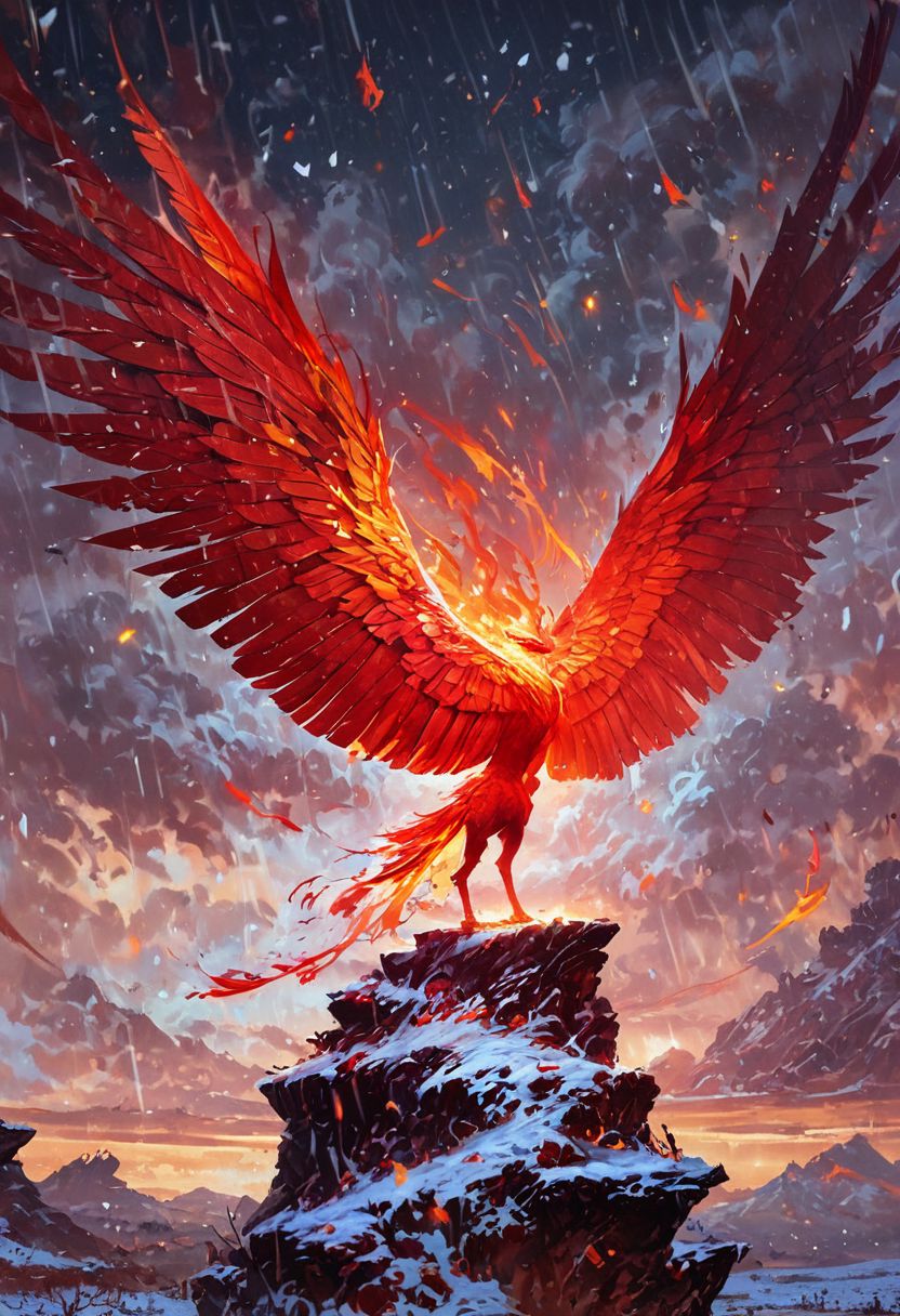 score_9, score_8_up, score_7_up, score_6_up, score_5_up, score_4_up,beautiful fire phoenix in flight, saturated colors, 8K, lifelike striped flames on wings, wind, rain, thunder, snowy mountains, desert, sea, colorful, masterpiece, roc spreading wings, cinematic footage, solo