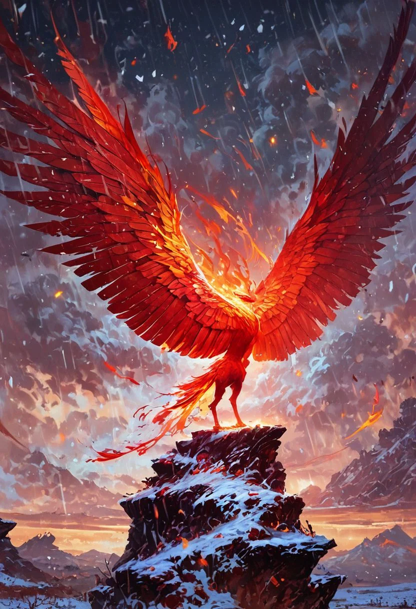 score_9, score_8_up, score_7_up, score_6_up, score_5_up, score_4_up,beautiful fire phoenix in flight, saturated colors, 8K, lifelike striped flames on wings, wind, rain, thunder, snowy mountains, desert, sea, colorful, masterpiece, roc spreading wings, cinematic footage, solo