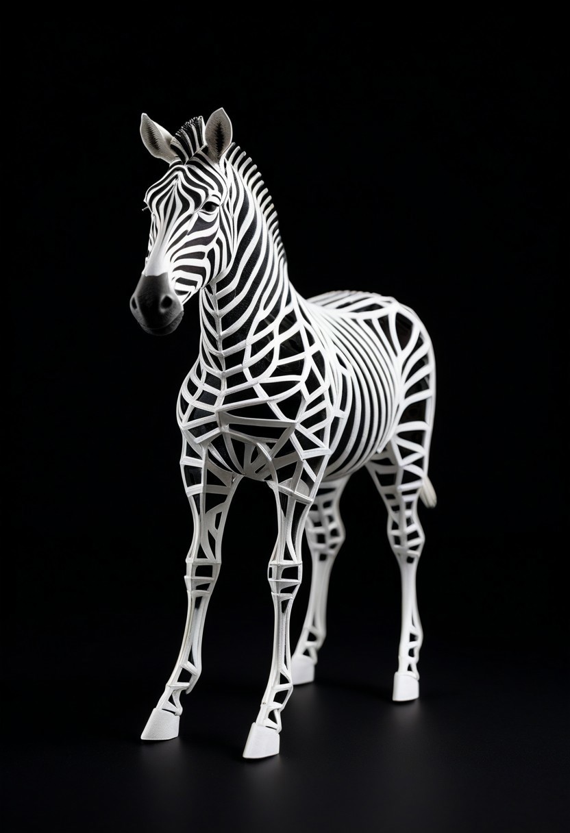 8K analog photo, 3d printed shilver zebra Statue made of Truss Structure, WhiteMold, Walking, dark background, minimalist,