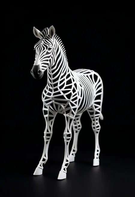 8K analog photo, 3d printed shilver zebra Statue made of Truss Structure, WhiteMold, Walking, dark background, minimalist,