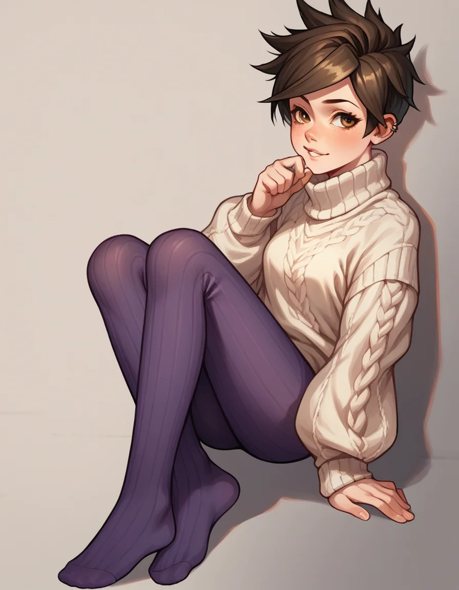 zPDXL, score_9, score_8_up, score_7_up, source_anime, 1girl, solo,
<lora:Cotton_v2:0.8> knit tights, violet legwear, no shoes, Tracer, short hair, brown hair, sweater,