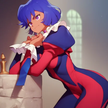 score_9, score_8_up, score_7_up, score_6_up,source_anime, masterpiece,detailed facerating_explicit, , best quality, 1girl, Misty Honey, tanned skin, blue hair, short hair, purple eyes, jewelry, red jacket, skintight bodysuit, multicolored bodysuit, red and blue bodysuit, black high heels