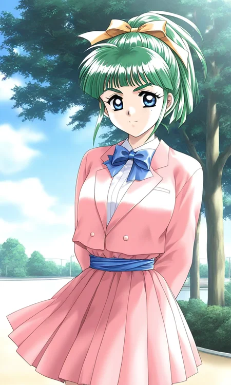 general,highres, ultra-detailed,very aesthetic,best quality ,best hands, BREAK <lora:Iijima_Miyuki_kakyuusei_Ver2.0_IS:1>
Iijima_Miyuki(kakyuusei), 1girl, solo, green hair, high ponytail, bangs, short hair, blue eyes, hair ribbon,Yellow ribbon, breasts, white shirt,
pink jacket, bowtie, blue bow, shirt, jacket, white shirt, blue bowtie, pleated skirt, pink skirt, blue sash, arms behind back, long sleeves, outdoor, day, tree,