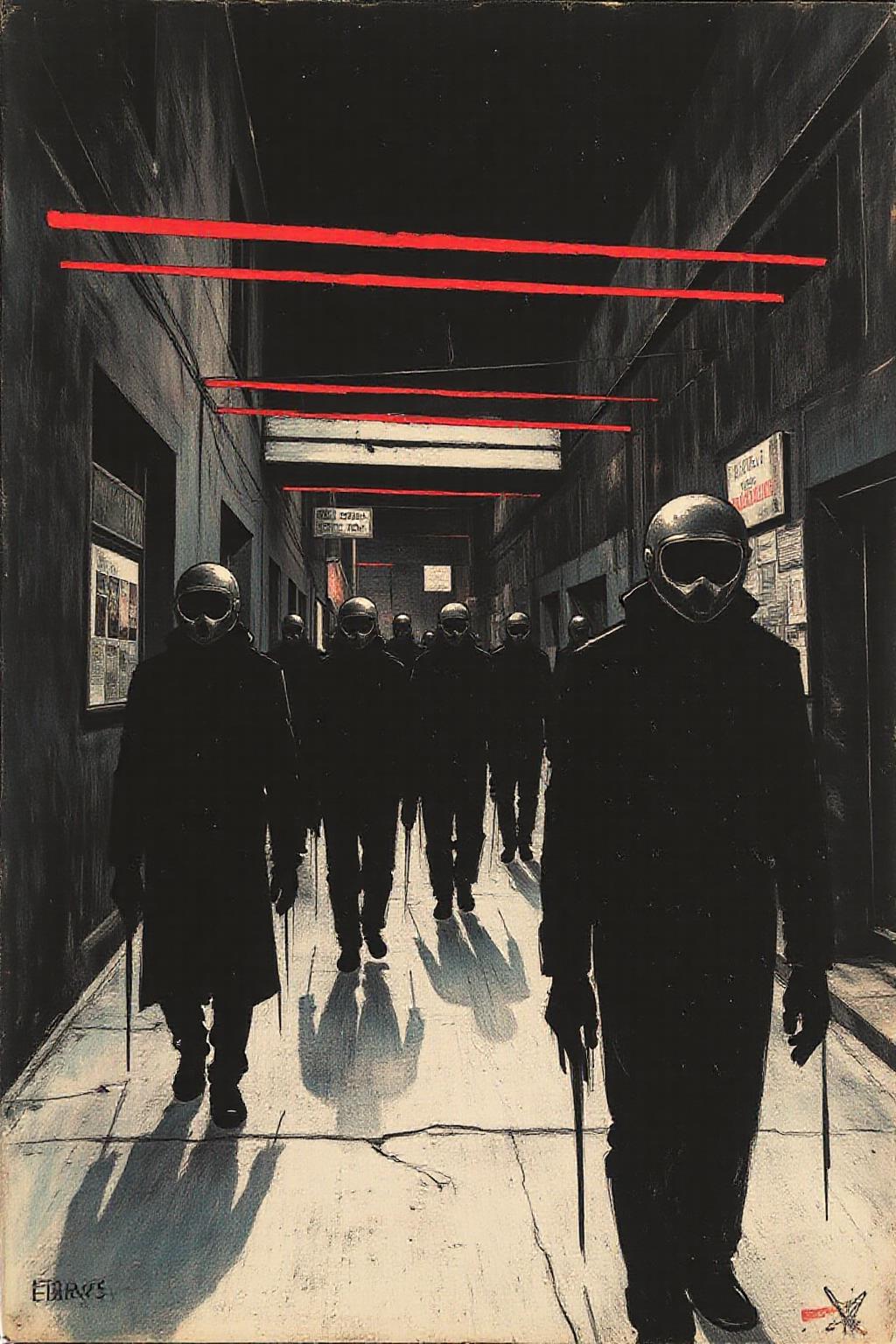 apoca1 illustration. 
a group of people in a dark alleyway, their shadows cast on the ground below their faces. The people are dressed in dark clothing, their faces covered by a helmet, and their faces are not visible. To the right of the people, there is a black wall with a white stripe running down the center of it. In front of the wall, there are two red lines, adding a pop of color to the scene. The background of the scene is dark, creating a stark contrast with the red lines. <lora:apocalypse_now1_fl_d4a2:1.0> <lora:Flux-Sch-SingleBlocks-BF16:1.0><lora:802366686507332814:0>