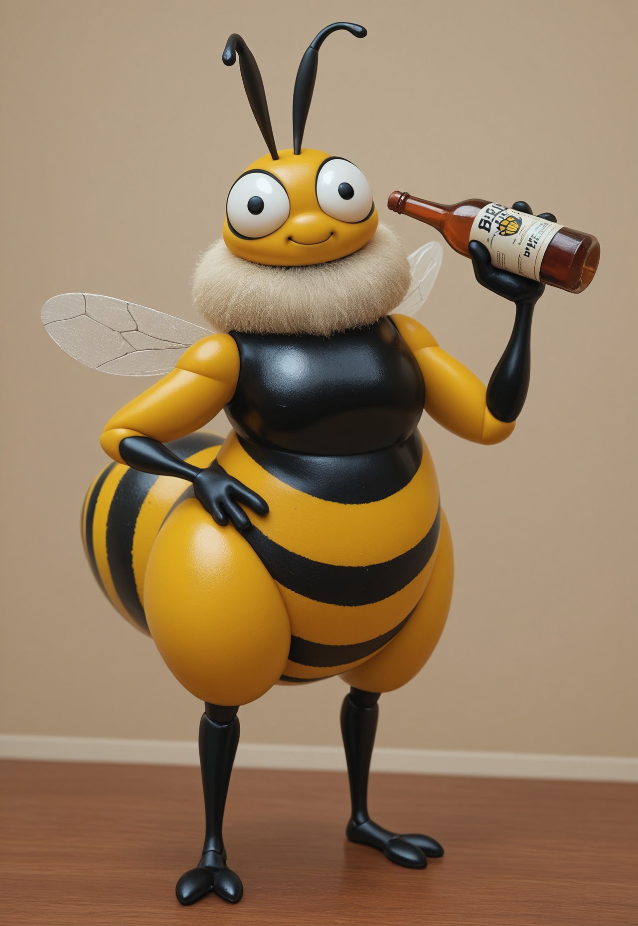 anthro bee, holding a bottle of mead, bee logo, "BUZZ MEAD", Advetisement for BUZZ MEAD
