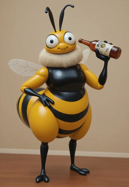 anthro bee, holding a bottle of mead, bee logo, "BUZZ MEAD", Advetisement for BUZZ MEAD