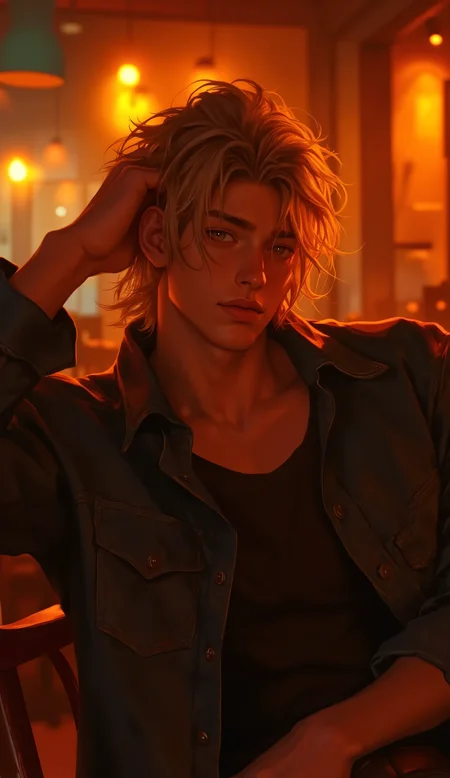 "A highly detailed semi-realistic digital illustration of a young man with an ethereal, almost otherworldly presence. Rendered in a photorealistic style with subtle painterly elements, the image is bathed in warm, orange-hued lighting that casts a soft, golden glow on his fair skin. His wavy, tousled blonde hair falls just past his shoulders, with a few loose strands framing his delicate, finely sculpted facial features. High cheekbones, full lips, and deep, intense brown eyes give him an air of quiet introspection, add a touch of edge to his otherwise refined elegance.
He wears a dark, form-fitting t-shirt beneath a slightly oversized, worn denim jacket adorned with visible patches and a textured, crumpled appearance. His right hand rests against his head, fingers lightly brushing through his hair, while his left arm drapes casually over the back of a chair, reinforcing his relaxed yet contemplative posture.
The softly blurred background suggests a dimly lit interior, possibly a cozy café or an intimate living space, illuminated by warm ambient lighting. Hints of wooden furniture and distant, muted light sources contribute to the inviting yet introspective atmosphere. The interplay of warm tones and soft shadows enhances the depth of the scene, creating a composition that feels both cinematic and deeply personal, capturing a moment of quiet self-reflection."