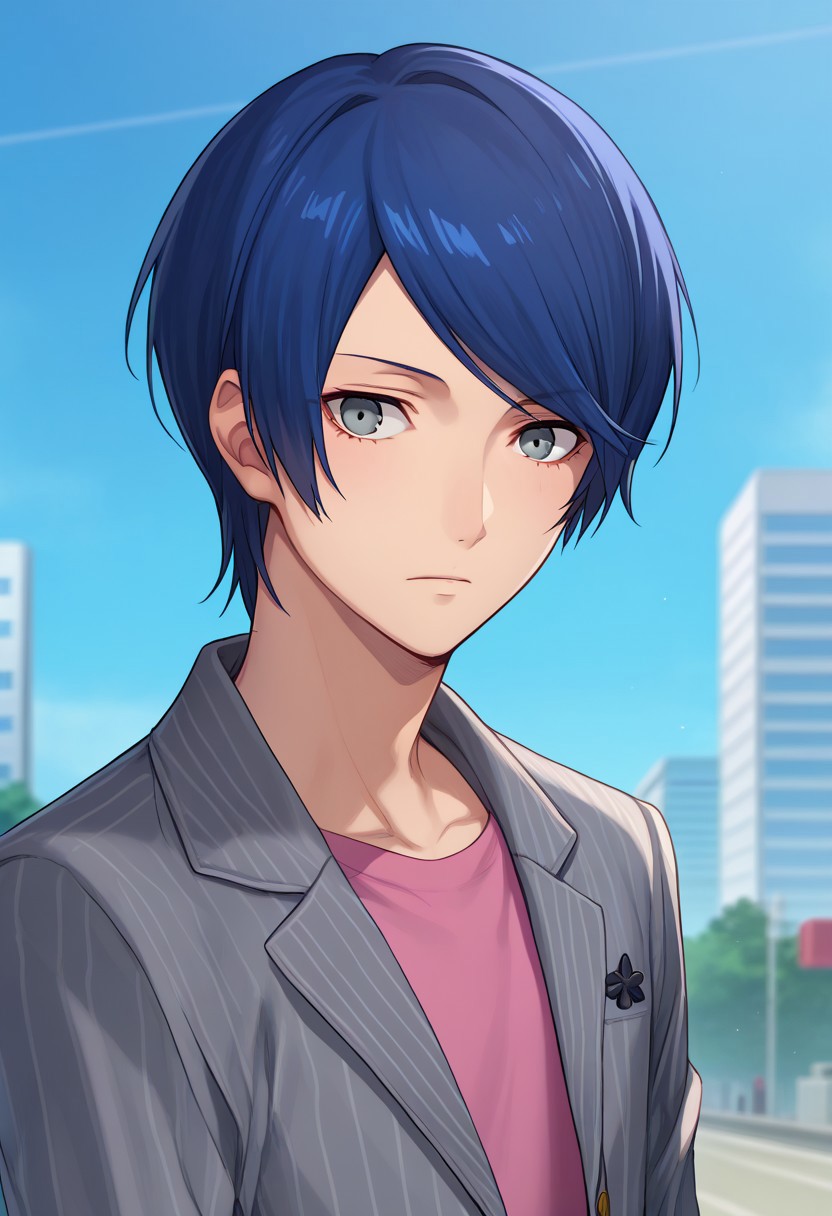 score_9, score_7_up, source_anime 
yusuke, 1boy, male focus, solo, grey eyes, blue hair, short hair, swept bangs, shirt, pink shirt, jacket, grey jacket, long sleeves, striped jacket, striped, pinstripe pattern,
outdoor, sky