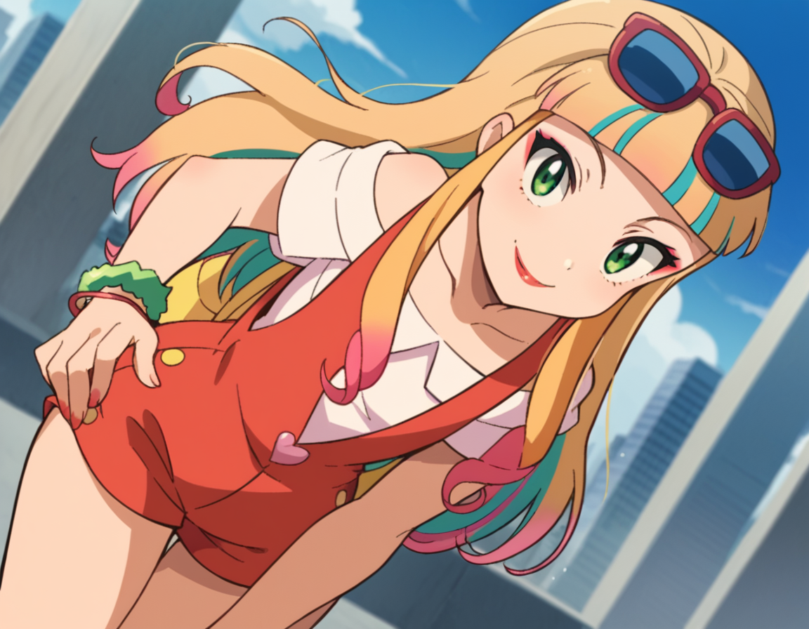 score_9, score_8_up, score_7_up, source_anime,
pokemonrisa, <lora:pokemon-risa-movie-ponyxl-lora-nochekaiser:1>,
risa, long hair, bangs, blonde hair, green eyes, multicolored hair, blunt bangs, makeup, lipstick,
shirt, jewelry, short sleeves, heart, bracelet, sunglasses, eyewear on head, overalls, overall shorts,
cityscape, street, bent over, smile,
looking at viewer, cowboy shot, solo, dutch angle,