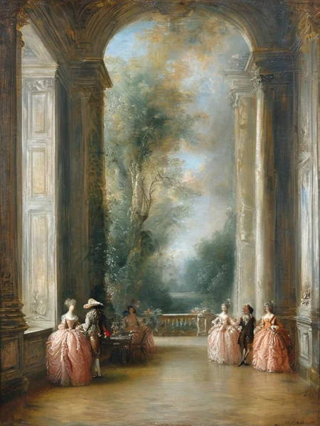 masterpiece,best quality,<lora:tbh124-sdxl:0.7>,indoors,palace,rococo,oil painting,style of Jean-Antoine Watteau,