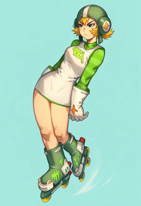 score_9, score_8_up, score_7_up, score_6_up, score_5_up, score_4_up, BREAK
1girl, gum_jsr, helmet, short dress, roller skates, blonde hair, inline skates, roller skates, dress, short hair, striped, striped sleeves, white gloves, expressionless, simple background,
<lora:gum_jsr:1> <lora:kelvinhiu:1>