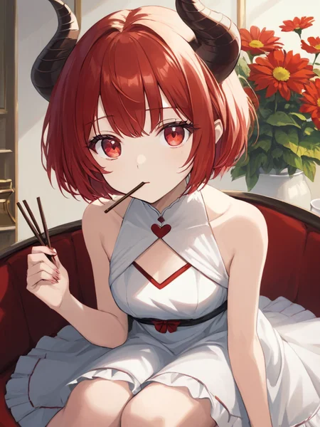 <lora:npc_xl_pocky:1>hold the Pocky,1girl,(masterpiece),(highest quality),highres,(an extremely delicate and beautiful),(extremely detailed),face close-up,
solo, red hair, red eyes, sitting, crossed legs, flower, looking at viewer, red flower, white dress, one side up, wings,bare shoulders, short hair, bangs, teapot, sleeveless dress, horns,