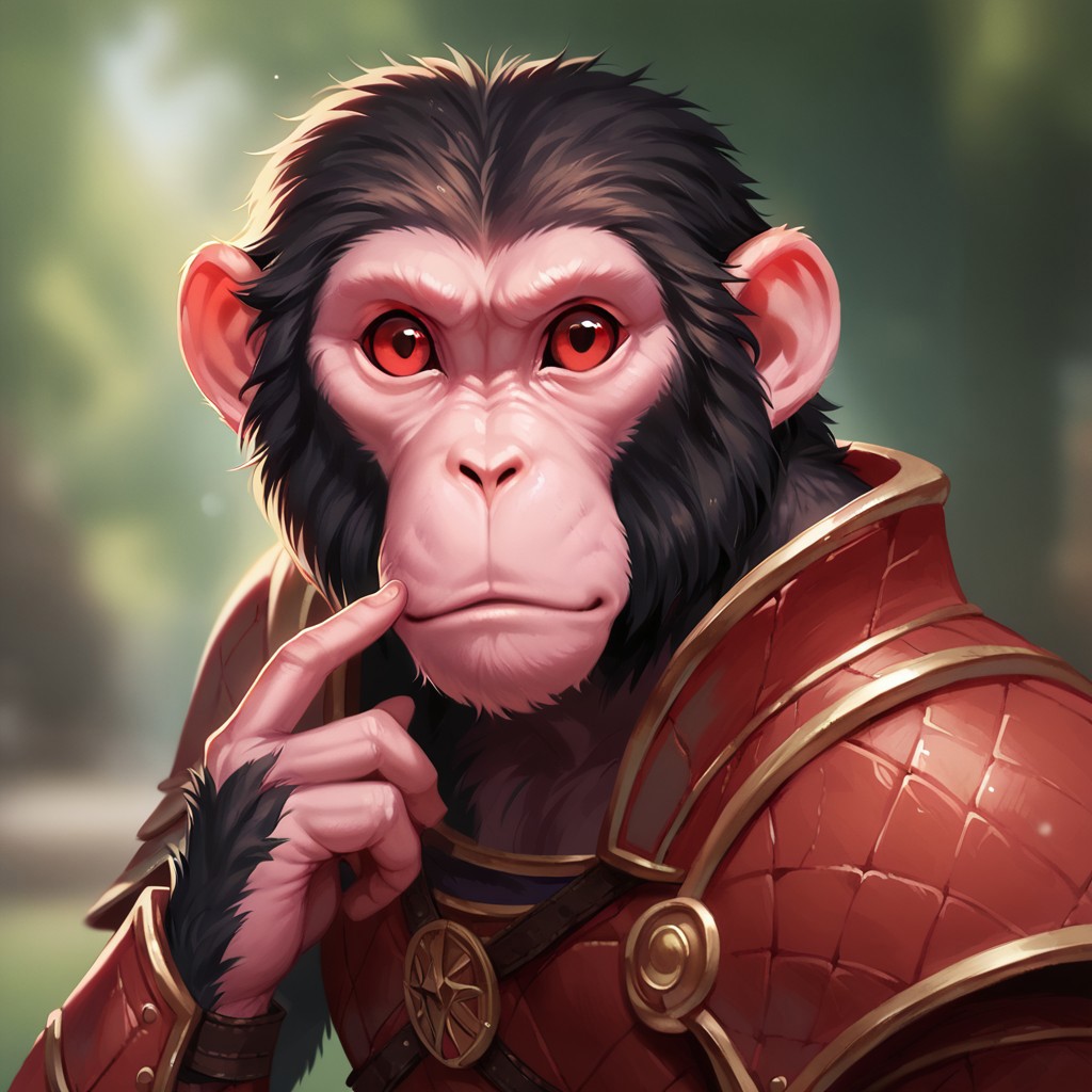 (((detailed, beautiful, high quality))), score_9, score_8_up, score_7_up, upper body,
hadozee, furry monkey, tail,
1boy, dark sclera, red eyes, male focus, red armor, pink skin, dark fur,
looking at the viewer, posing, blurred background, blurred fantasy background,
