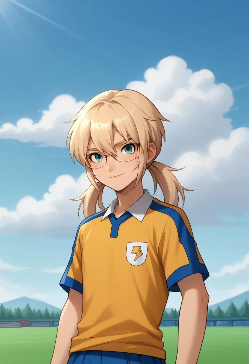 score_9, score_8_up, score_7_up, source_anime, highly detailed,
kirino, 1boy, male focus, solo, blonde hair, green eyes, glasses, twintails, long hair, sportwear, raimon, raimon soccer uniform, shirt, yellow shirt, short sleeves, shorts, blue shorts, upper body, smile
outdoor, sky, cloud
