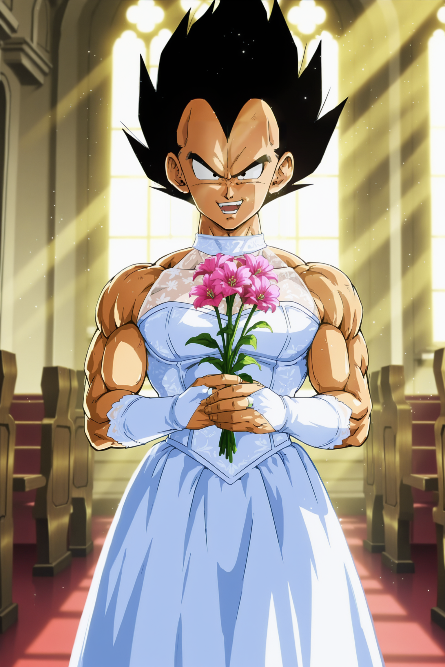 anime screencap, masterpiece, best quality, amazing quality, very aesthetic, absurdres,  newest, (scenery, volumetric lighting), official style, 
vegeta, black hair, black eyes, spiked hair, wedding dress, holding flowers, wedding alter, church, cowboy shot, muscular male, smile, teeth, open mouth, crazy eyes, long dress, sleeveless dress, bridal gauntlets, 
dappled sunlight, light particles, light rays, 
 <lora:Vegeta_IL:0.8>