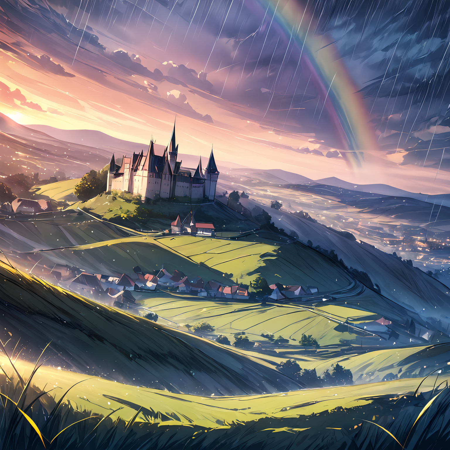 masterpiece, best quality, depth of field, scenery, no humans, sunset, hill, grass, (castle:1.2), rain, rainbow, dutch angle, lens flare, <lora:SDXL Between_pencils_and_semi-realism_Style:0.9> stbedap, village,
