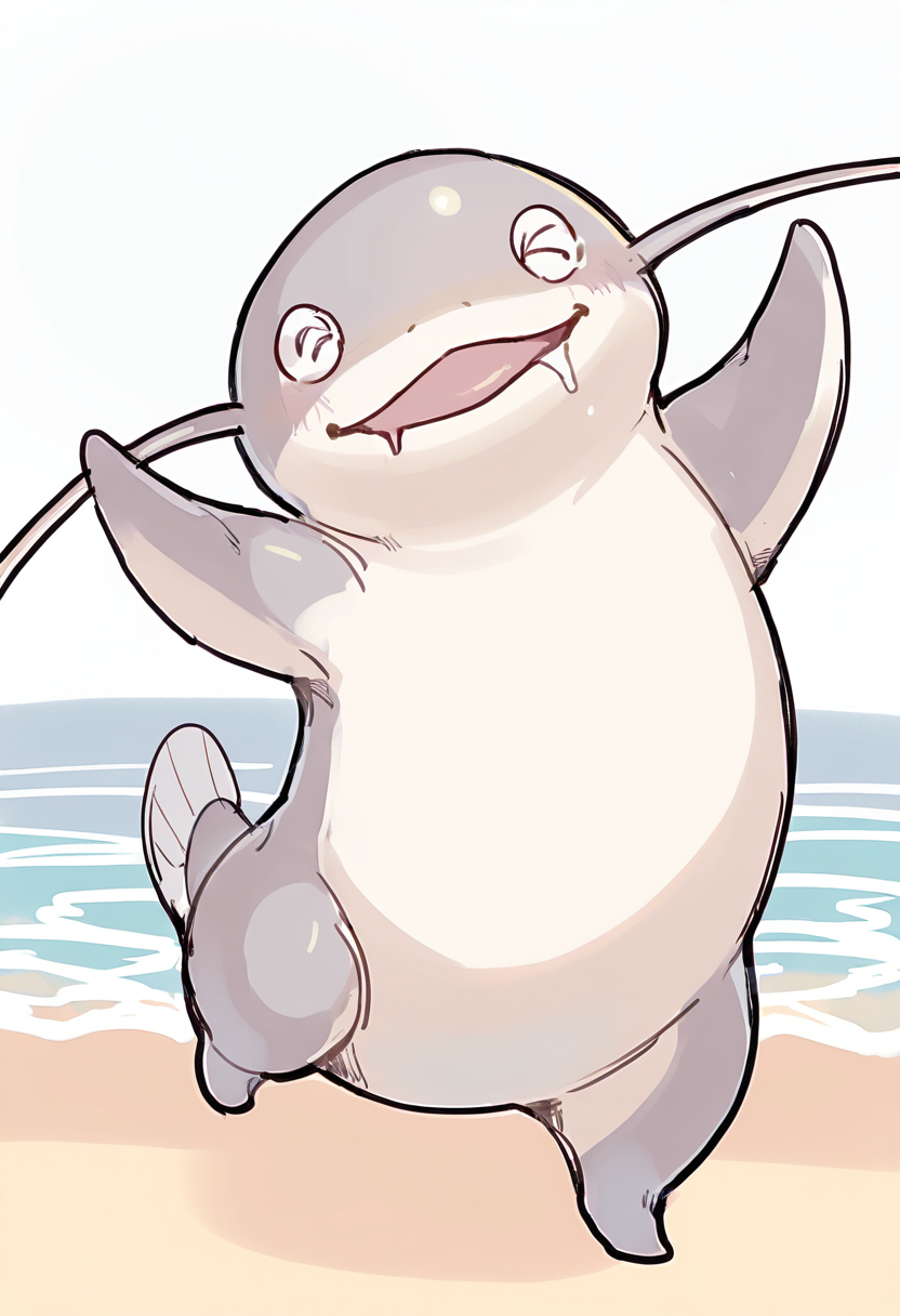 artist:, outdoors,beach,1other,namazu,drooling, dancing, dynamic pose,happy<lora:namazuIL4:1> masterpiece, best quality, good quality, newest, very awa, absurdres, highres,  <lora:spo_sdxl_10ep_4k-data_lora_webui:0.7>,