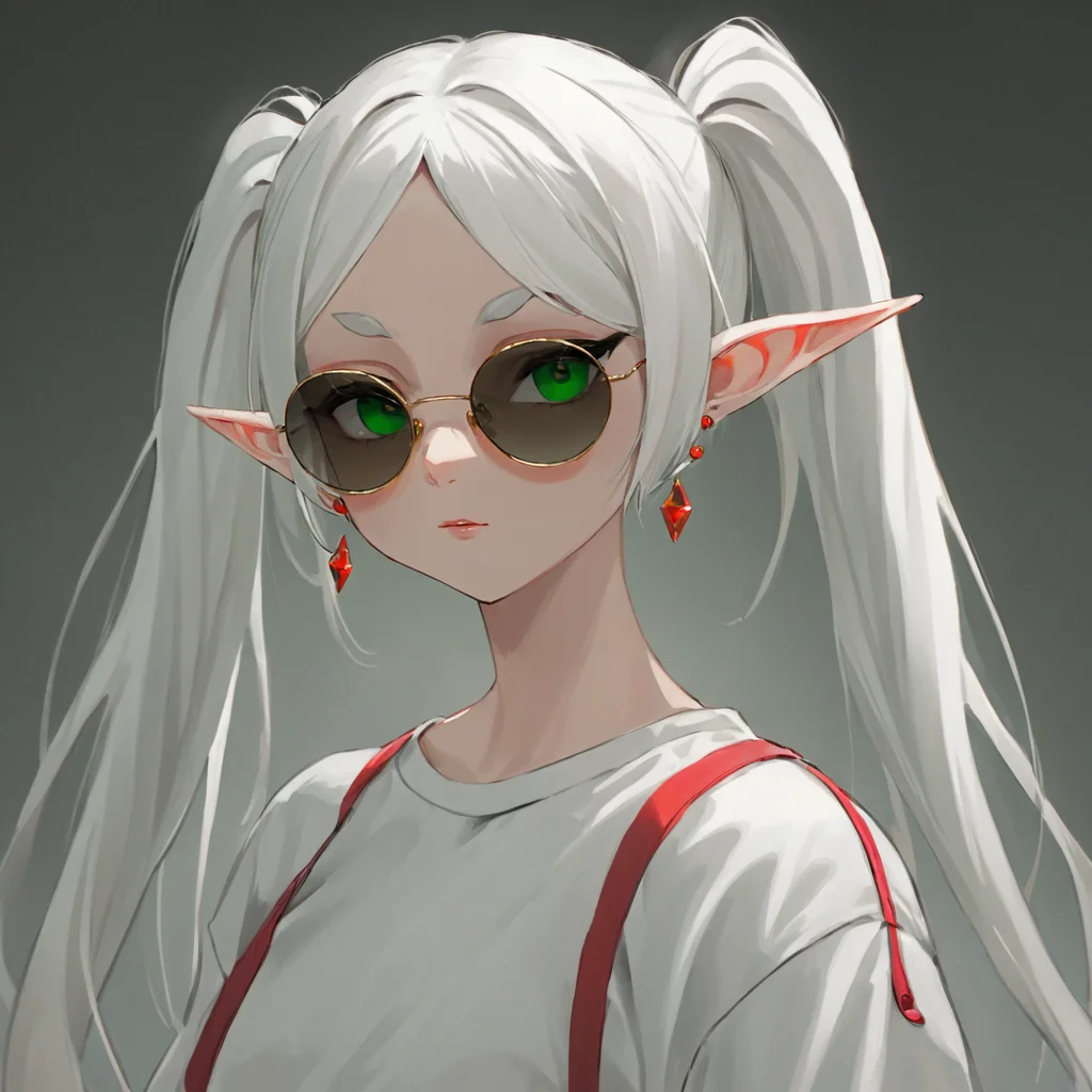 realistic, cinematic, (detailed), (highly detailed), a elf woman with twintails and red earrings wearing a oversize t-shirt and sunglasses, dressed in modernist style, fashion, frieren, white hair, green eyes, long hair, pointy ears, parted bangs <lora:frieren_dim4-000005:1>