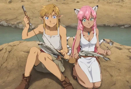 Pink_DragonPink, 1girl, sleeveless dress, white tiger print dress, pelvic curtain, cleavage, white tiger tail, red sash, small breasts, leather shoes, masterpiece, very aesthetic, smiling wide, <lora:pink-illustrious:1>, 
Break
(anime, anime coloring:1.3),1boy,Anime screencap,link (zelda),blonde hair,blue eyes,pointy ears, wearing blue hyilian tunic,
Break
Hyrule field, sunny day, on a lake, at a camp fire, fish,Fish_Stringer:1.5 <lora:Fish_Stringer_Stockfish_ILXL:1.5>, pink holding fish stringer, cooking fish at a camp fire, fish on rotisserie, sitting at camp fire,
