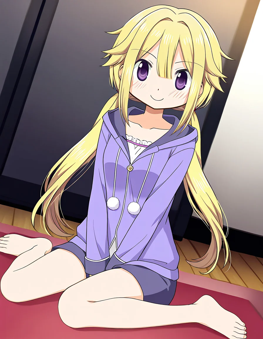masterpiece, best quality, newest, absurdres, highres, safe, 1girl, mitsuki felicia \(pajamas costume\), magia record: mahou shoujo madoka magica gaiden, shorts, solo, wariza, indoors, dutch angle, <lora:mitsuki_felicia_noobaiXLNAIXL_vPred10Version:0.7>